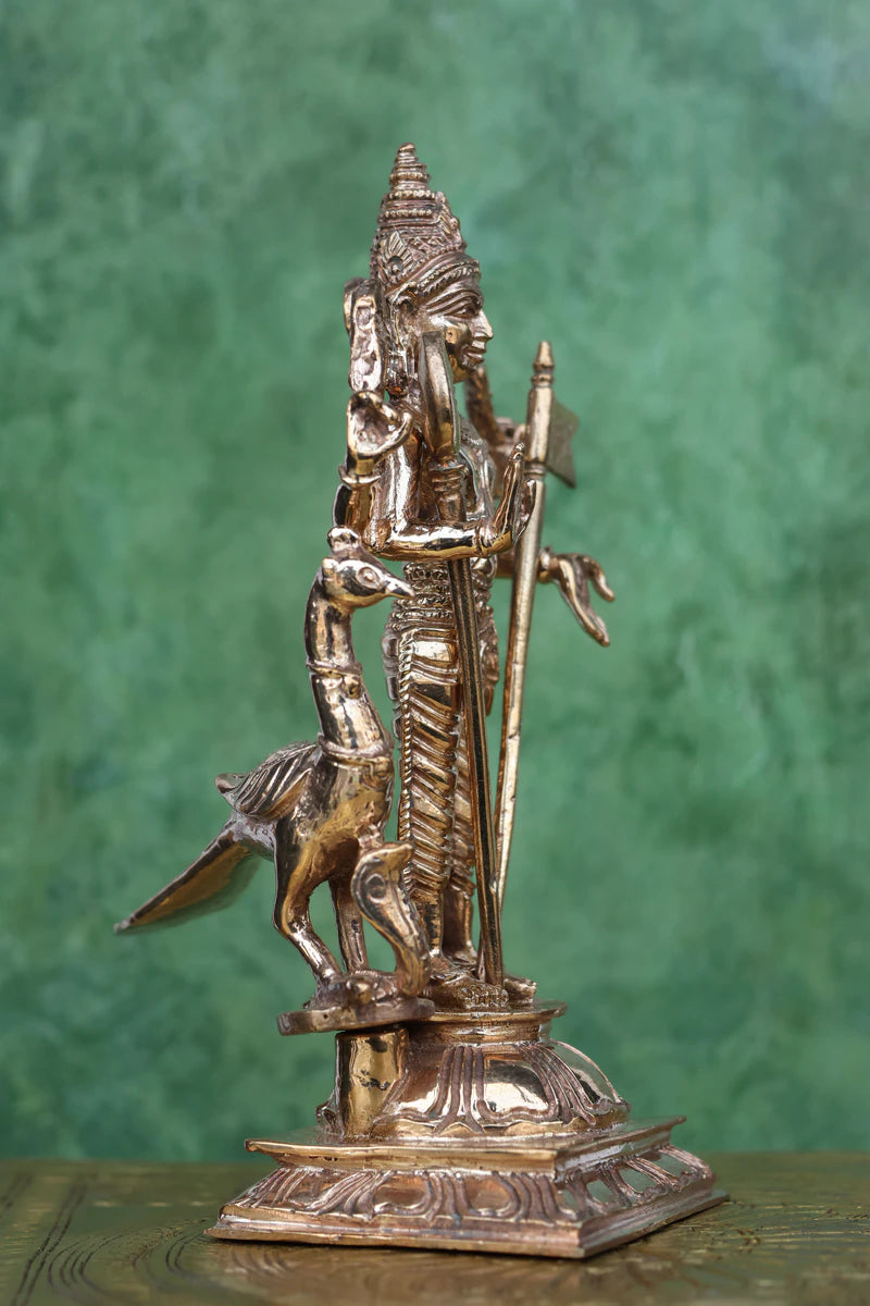 5.5″ Lord Murugan with Vel &amp; Peacock | Handcrafted Panchaloha