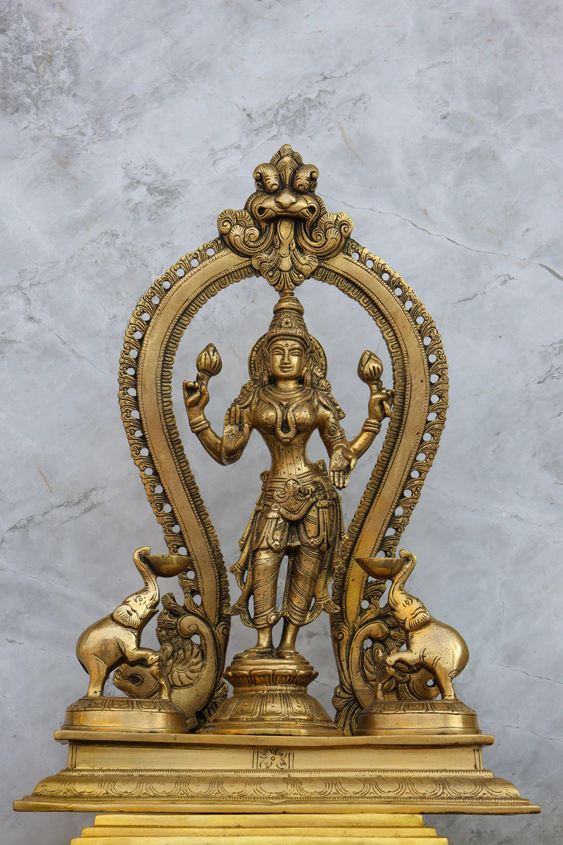 15″ Standing Gaja Lakshmi with Arch | Handcrafted Brass | Polished Finish