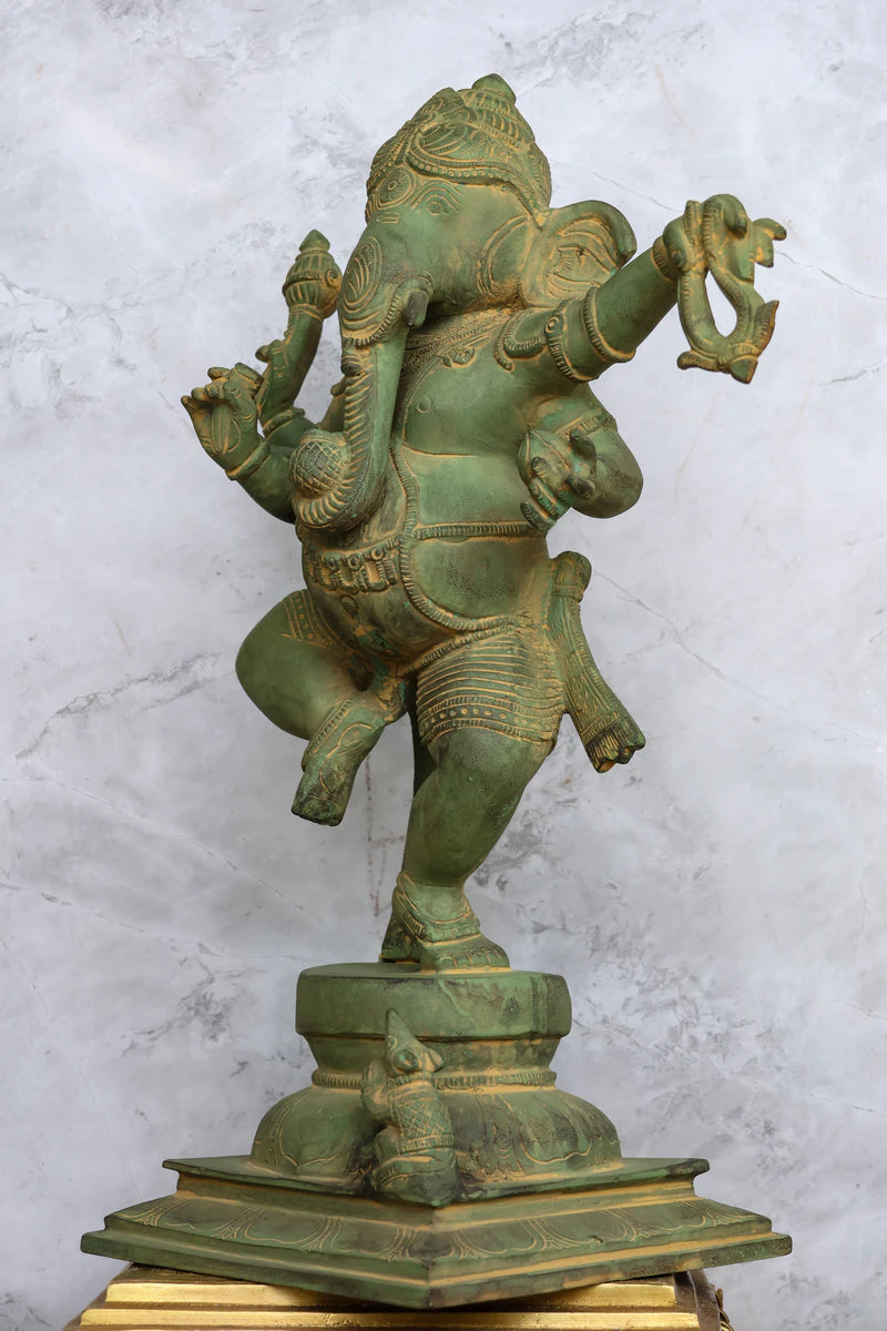 15″ Dancing Ganesh | Handcrafted Brass | Green Stone Finish — view 4