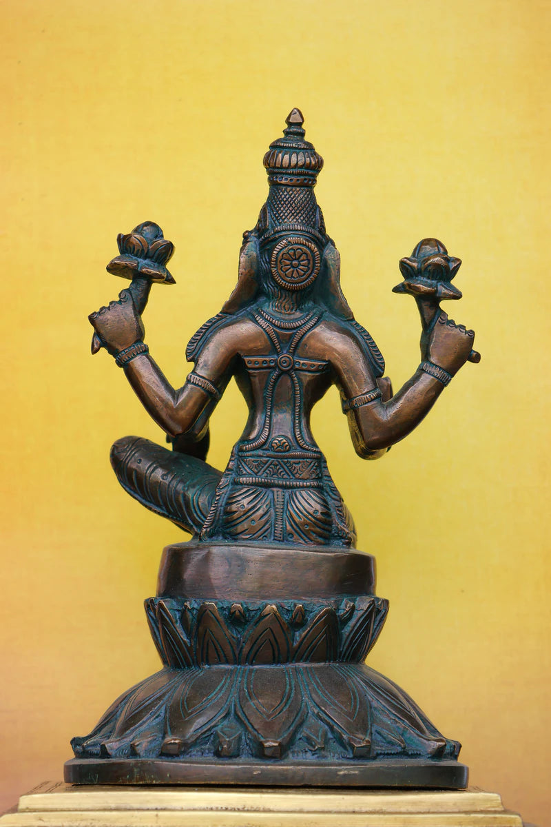 9.5″ Lakshmi on Lotus Base | Handcrafted Brass | Antique Green Finish — view 4