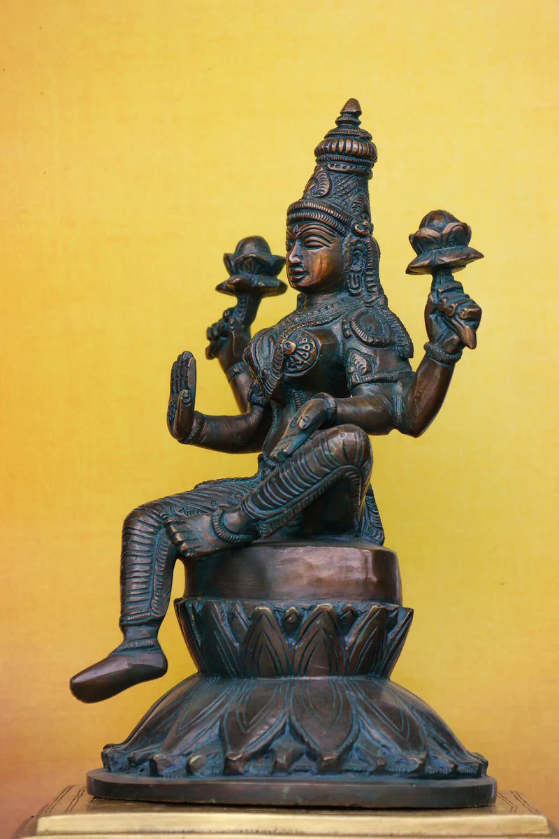 9.5″ Lakshmi on Lotus Base | Handcrafted Brass | Antique Green Finish — view 3
