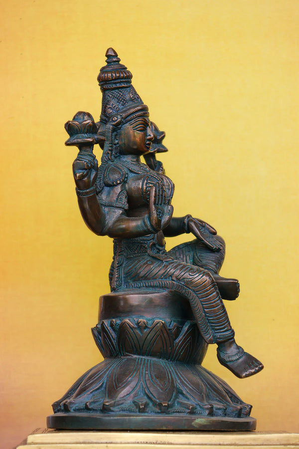 9.5″ Lakshmi on Lotus Base | Handcrafted Brass | Antique Green Finish dimensions