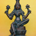 9.5″ Lakshmi on Lotus Base | Handcrafted Brass | Antique Green Finish