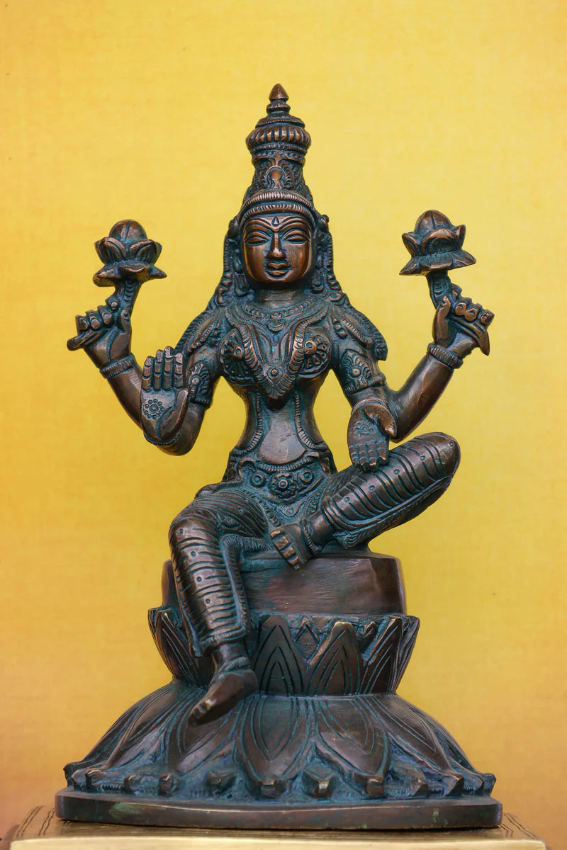 9.5″ Lakshmi on Lotus Base | Handcrafted Brass | Antique Green Finish