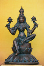 9.5″ Lakshmi on Lotus Base | Handcrafted Brass | Antique Green Finish