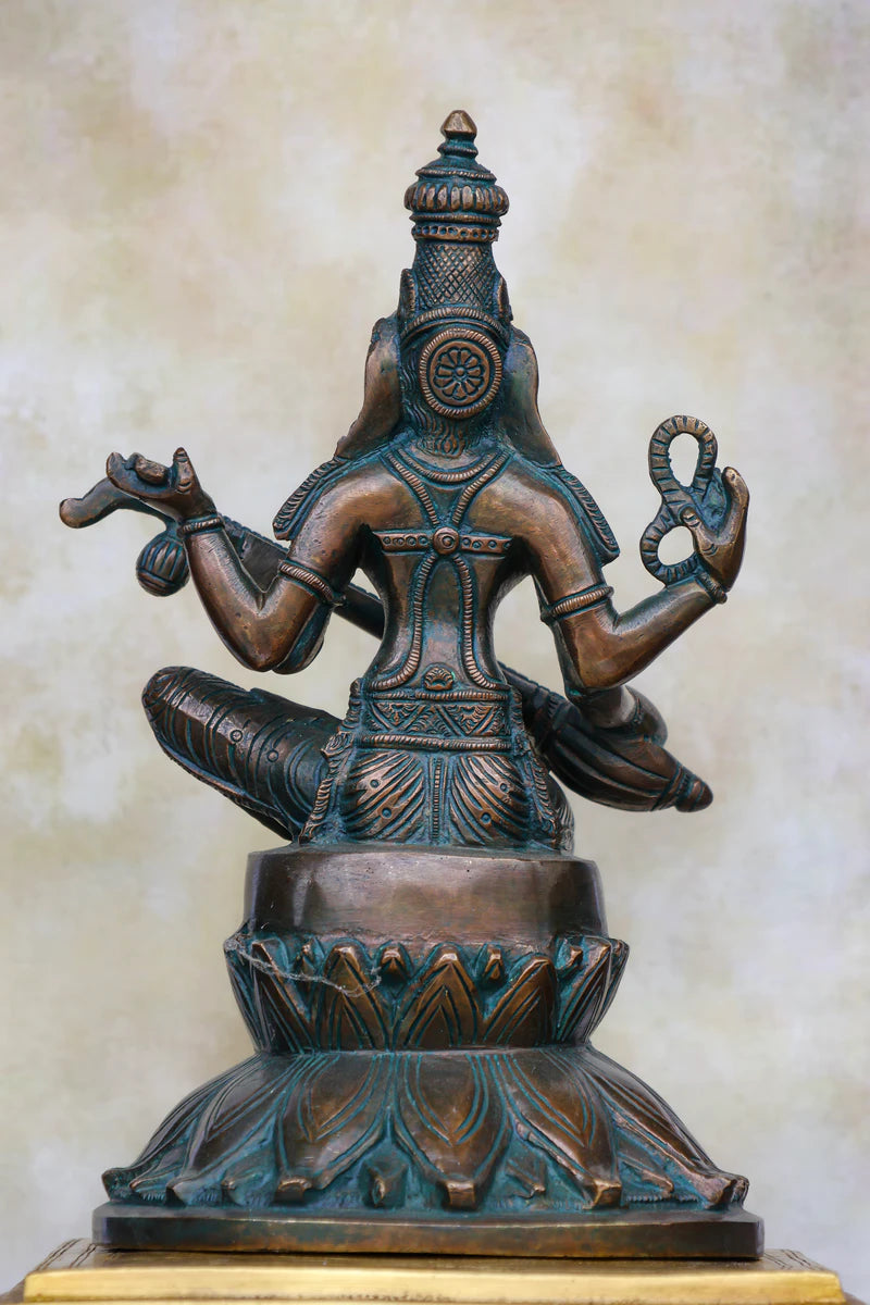 9.5″ Saraswathi with Veena on Lotus Base | Handcrafted Brass | Antique Green Finish — view 4