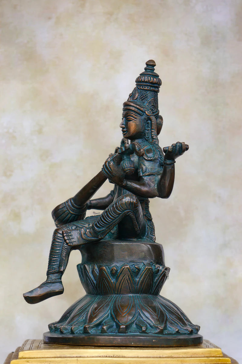 9.5″ Saraswathi with Veena on Lotus Base | Handcrafted Brass | Antique Green Finish — view 3