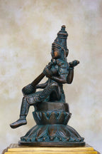 9.5″ Saraswathi with Veena on Lotus Base | Handcrafted Brass | Antique Green Finish — view 3