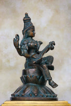 9.5″ Saraswathi with Veena on Lotus Base | Handcrafted Brass | Antique Green Finish — view 2
