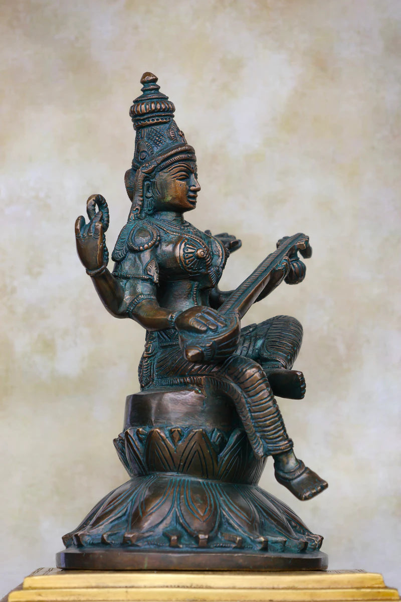 9.5″ Saraswathi with Veena on Lotus Base | Handcrafted Brass | Antique Green Finish — view 2