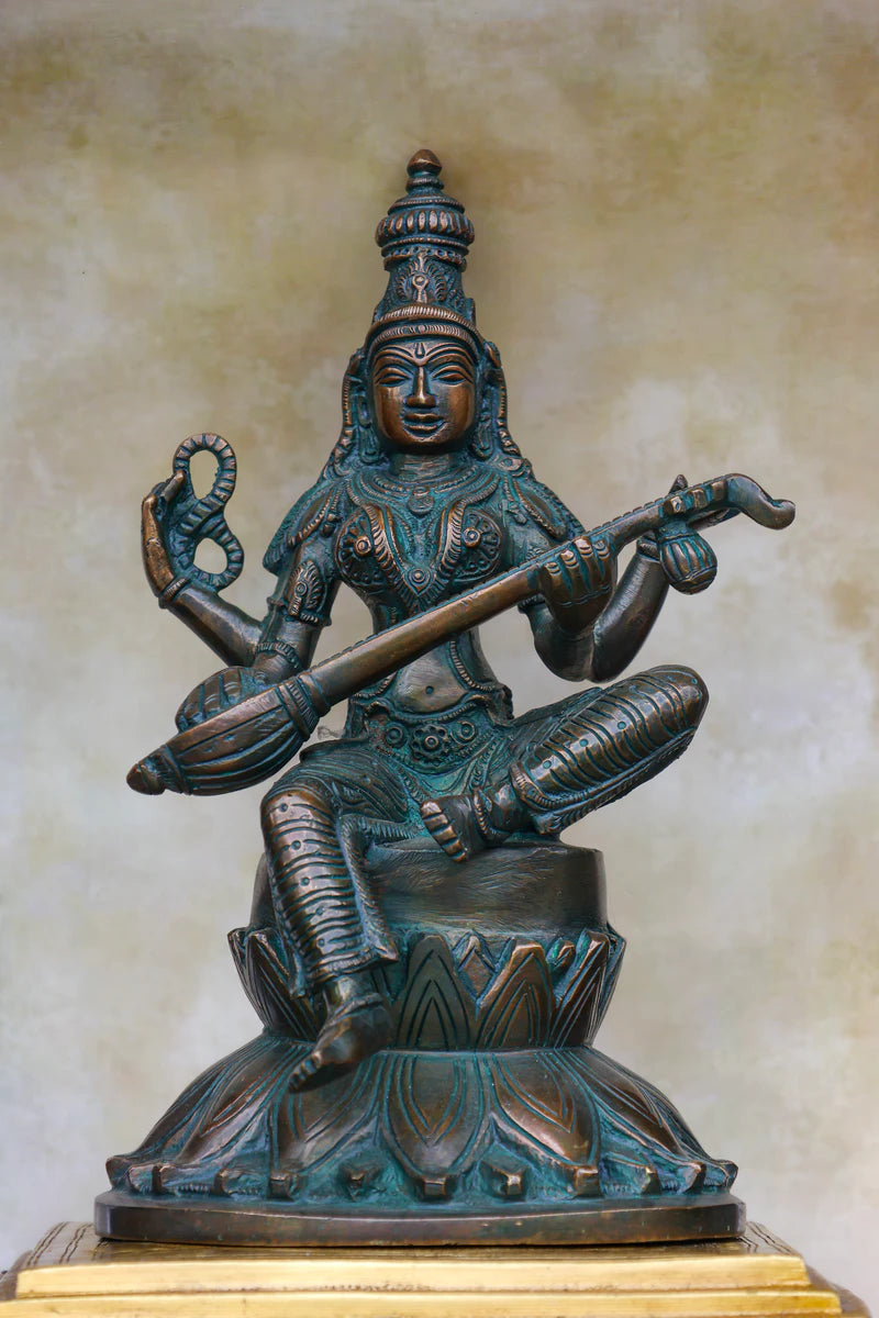 9.5″ Saraswathi with Veena on Lotus Base | Handcrafted Brass | Antique Green Finish