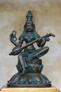 9.5″ Saraswathi with Veena on Lotus Base | Handcrafted Brass | Antique Green Finish
