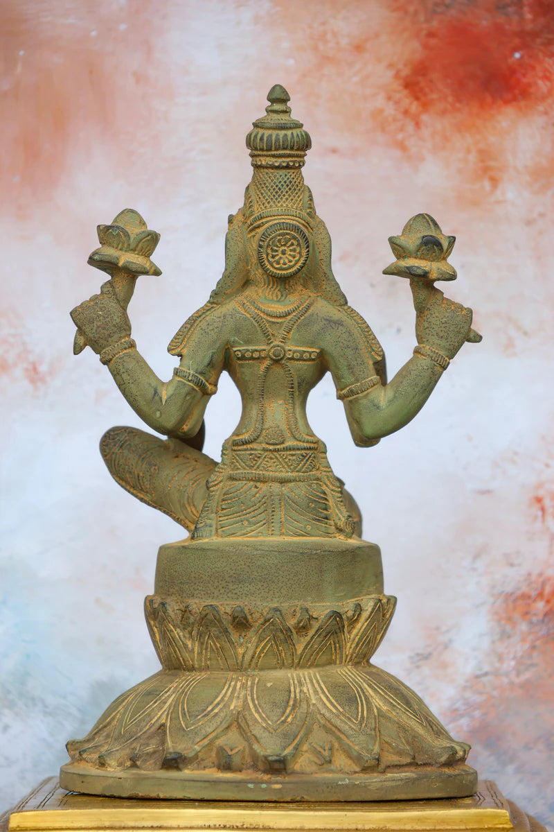 9.5″ Lakshmi on Lotus Base | Handcrafted Brass | Green Stone Finish — view 5