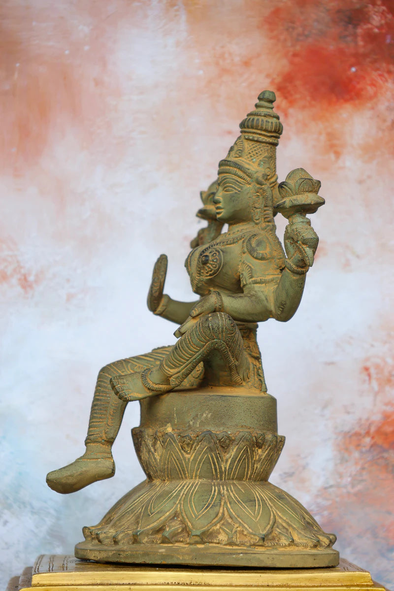 9.5″ Lakshmi on Lotus Base | Handcrafted Brass | Green Stone Finish — view 4