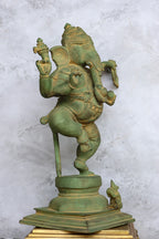 15″ Dancing Ganesh | Handcrafted Brass | Green Stone Finish — view 3