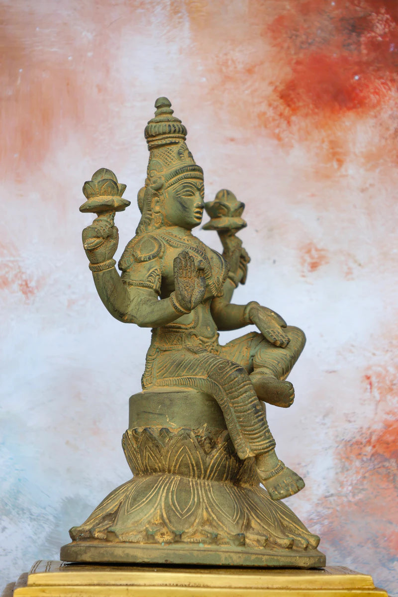 9.5″ Lakshmi on Lotus Base | Handcrafted Brass | Green Stone Finish — view 3