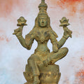 9.5″ Lakshmi on Lotus Base | Handcrafted Brass | Green Stone Finish