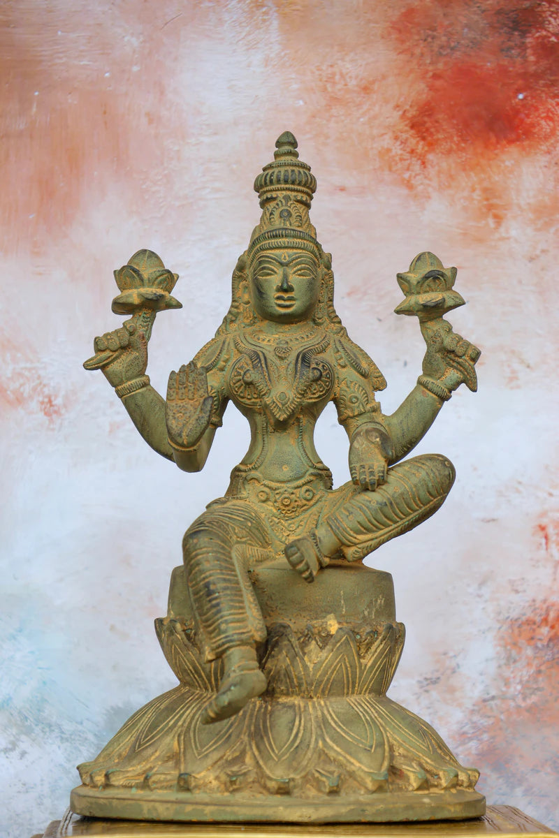 9.5″ Lakshmi on Lotus Base | Handcrafted Brass | Green Stone Finish