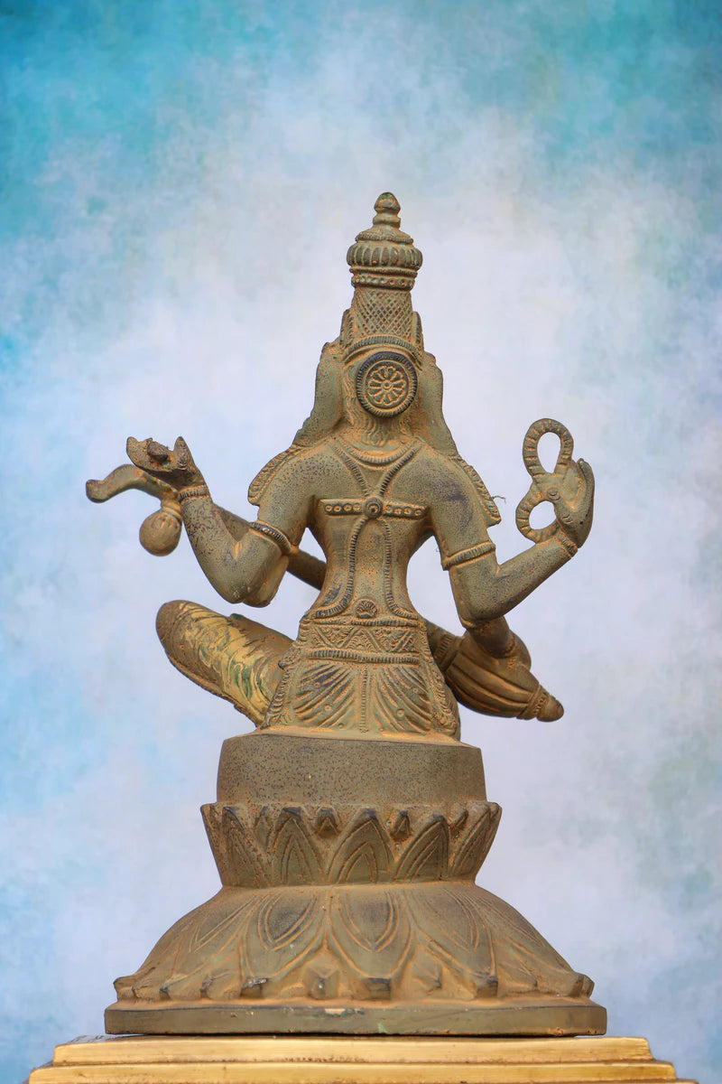 9.5″ Saraswathi with Veena on Lotus Base | Handcrafted Brass | Green Stone Finish — view 5