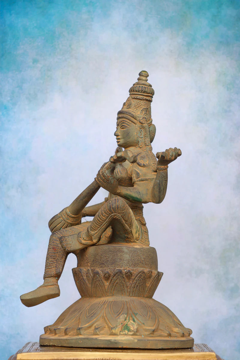 9.5″ Saraswathi with Veena on Lotus Base | Handcrafted Brass | Green Stone Finish — view 4