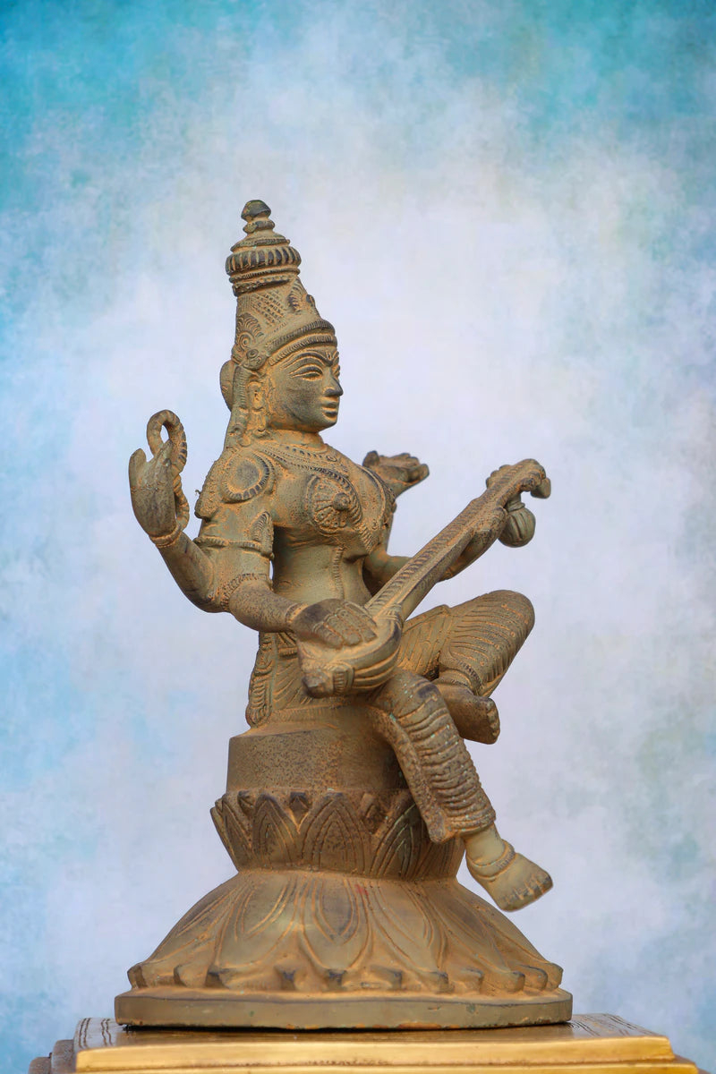 9.5″ Saraswathi with Veena on Lotus Base | Handcrafted Brass | Green Stone Finish — view 3