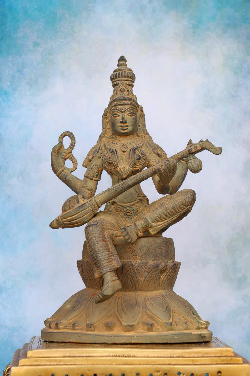 9.5″ Saraswathi with Veena on Lotus Base | Handcrafted Brass | Green Stone Finish