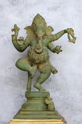 15″ Dancing Ganesh | Handcrafted Brass | Green Stone Finish