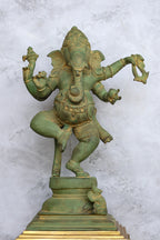 15″ Dancing Ganesh | Handcrafted Brass | Green Stone Finish