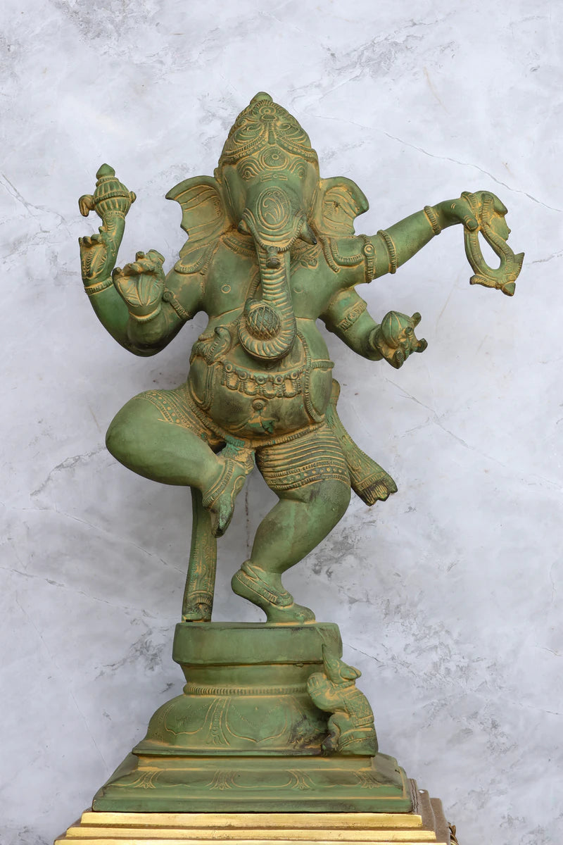 15″ Dancing Ganesh | Handcrafted Brass | Green Stone Finish