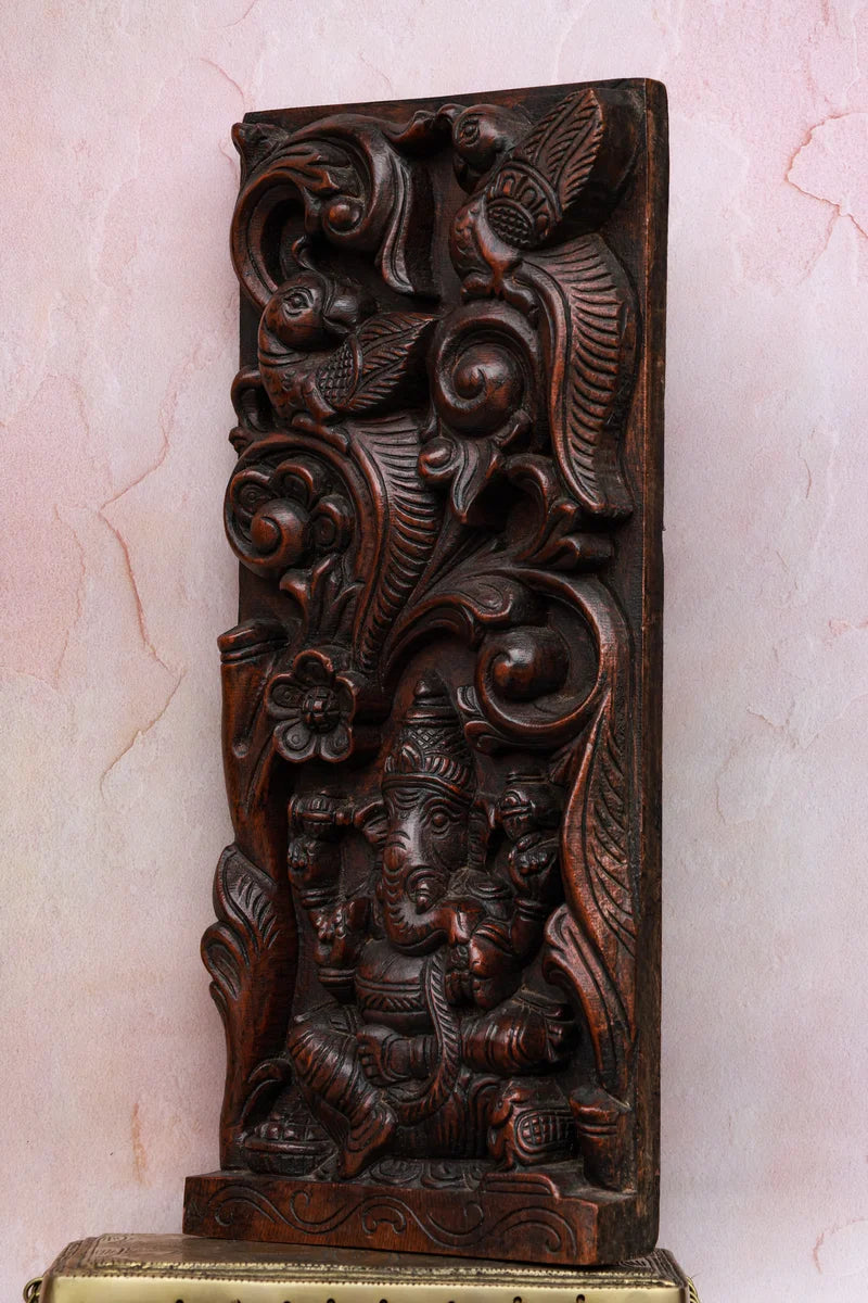 18″ Artistic Ganesha Wall Panel with Bird Motif | Handcrafted Wooden Carving