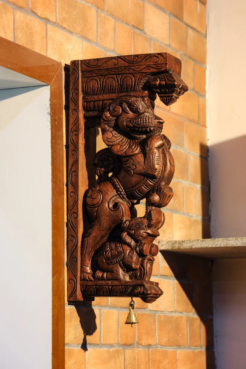 18″ Temple-Style Yazhi Wall Brackets for Home Décor & Pooja | Handcrafted Wood Carving