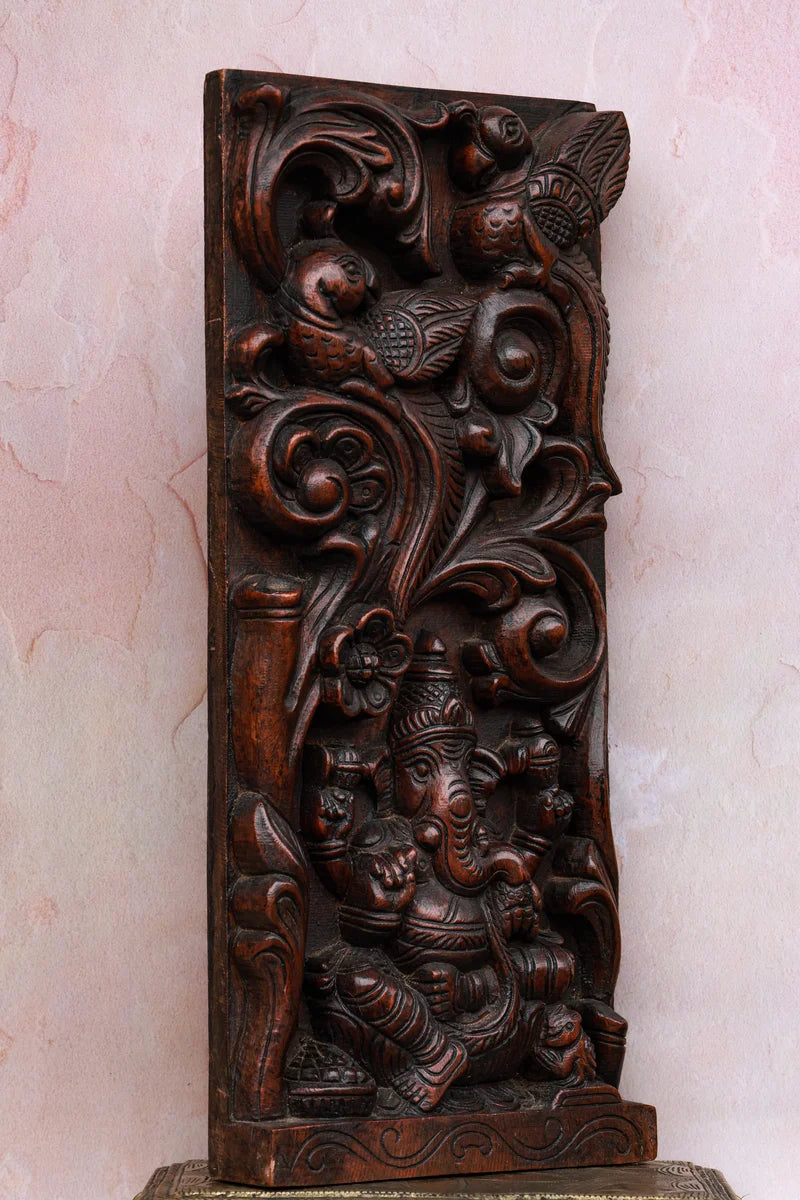 18″ Artistic Ganesha Wall Panel with Bird Motif | Handcrafted Wooden Carving