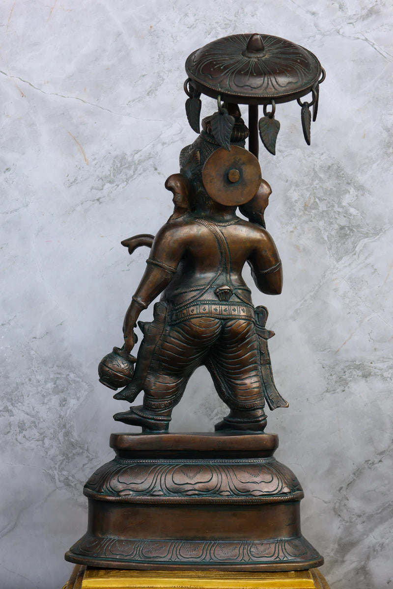 16″ Standing Ganesh with Umbrella | Handcrafted Brass | Antique Green Finish — view 4