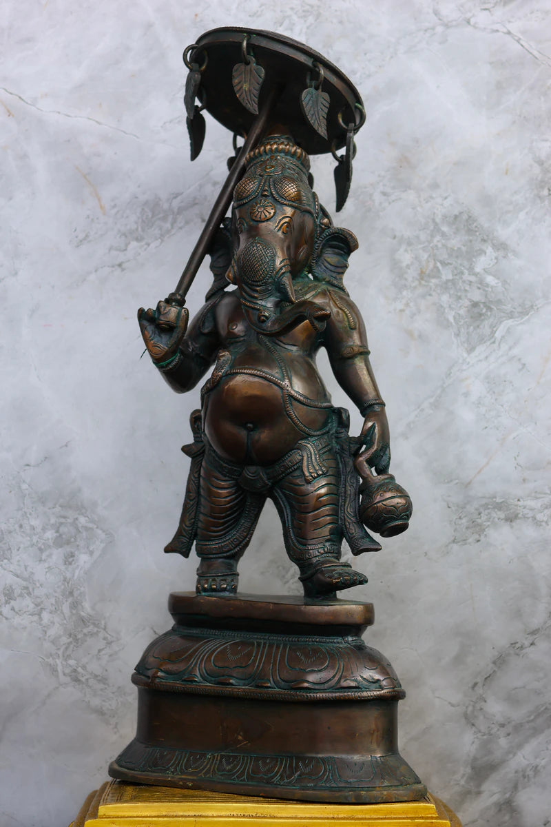 16″ Standing Ganesh with Umbrella | Handcrafted Brass | Antique Green Finish — view 3
