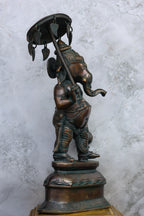 16″ Standing Ganesh with Umbrella | Handcrafted Brass | Antique Green Finish — view 2
