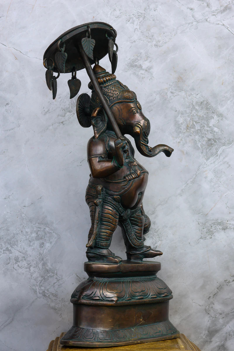 16″ Standing Ganesh with Umbrella | Handcrafted Brass | Antique Green Finish — view 2