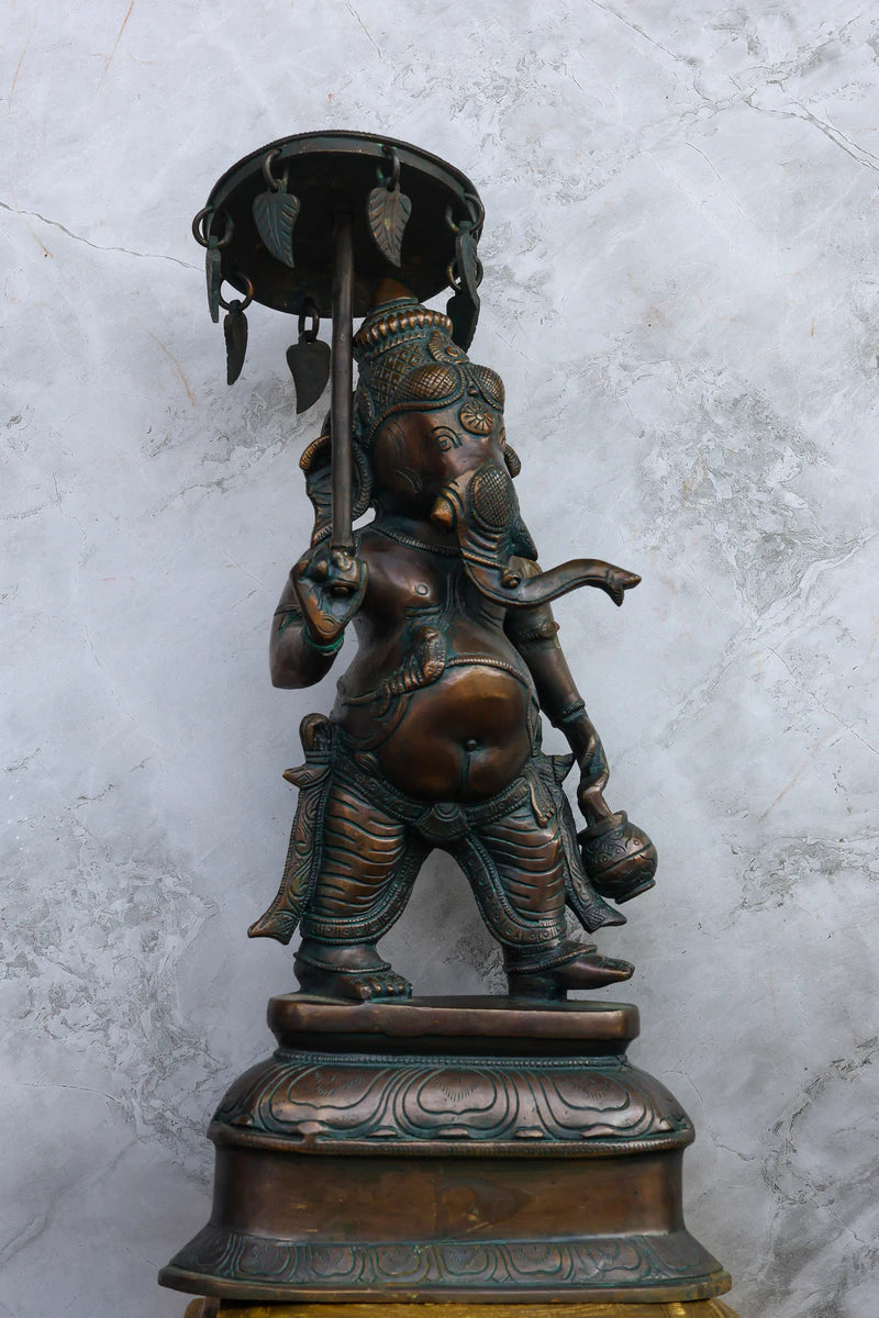16″ Standing Ganesh with Umbrella | Handcrafted Brass | Antique Green Finish