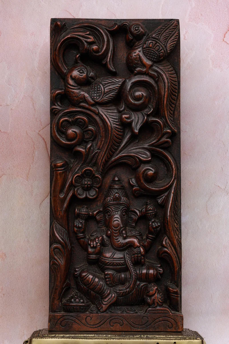 18″ Artistic Ganesha Wall Panel with Bird Motif | Handcrafted Wooden Carving