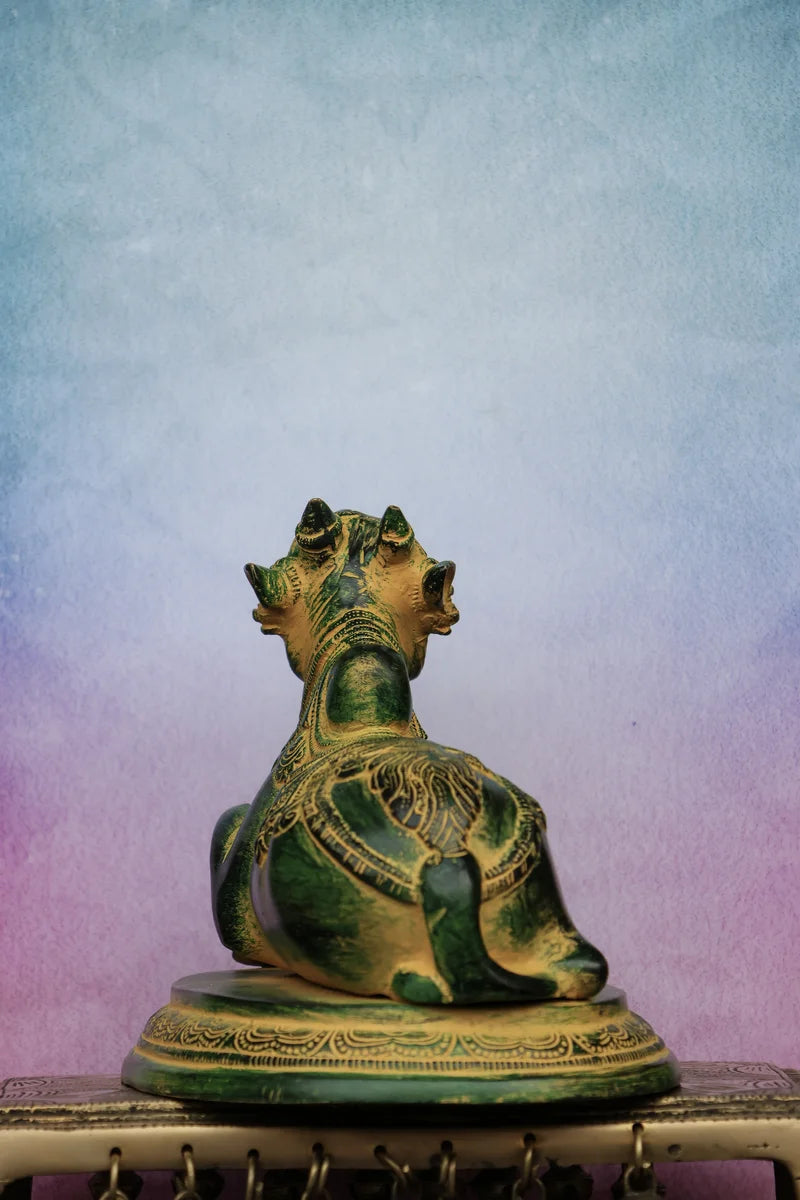 7″ Sacred Nandhi | Handcrafted Brass | Antique Green Finish