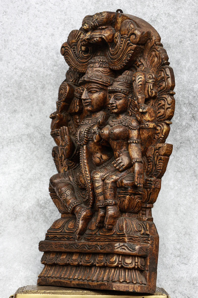 18″ Ornate Lakshmi Narayan with Arch for Pooja & Home Décor | Handcrafted Wood Carving