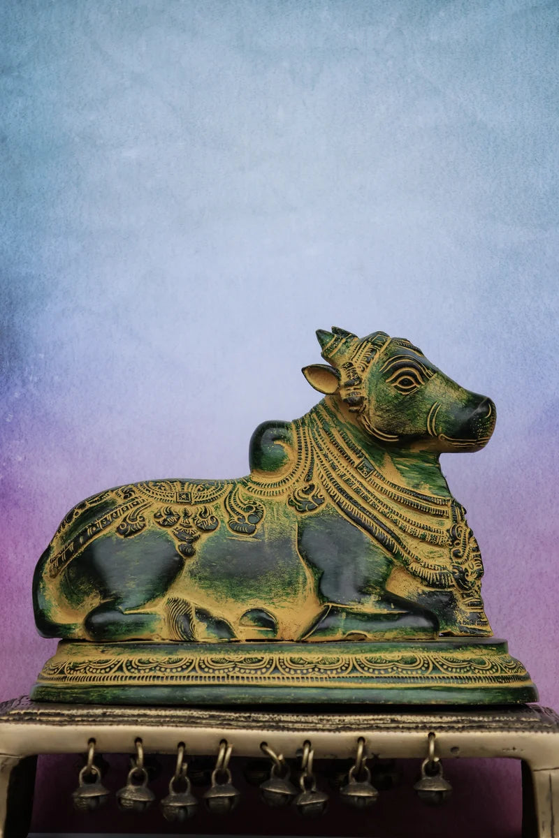 7″ Sacred Nandhi | Handcrafted Brass | Antique Green Finish