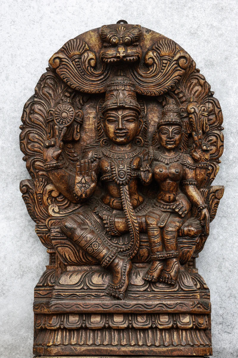 18″ Ornate Lakshmi Narayan with Arch for Pooja & Home Décor | Handcrafted Wood Carving