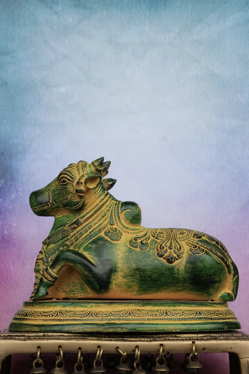 7″ Sacred Nandhi | Handcrafted Brass | Antique Green Finish