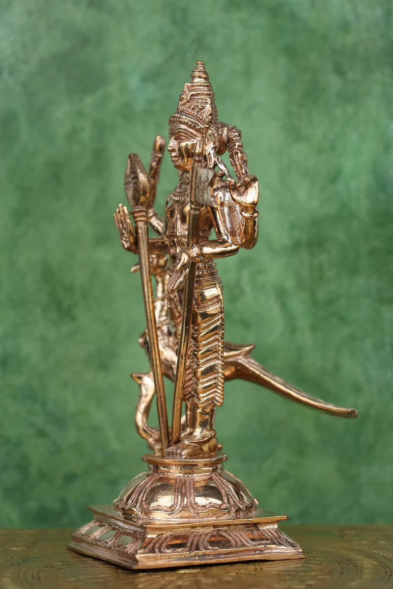 5.5″ Lord Murugan with Vel &amp; Peacock | Handcrafted Panchaloha