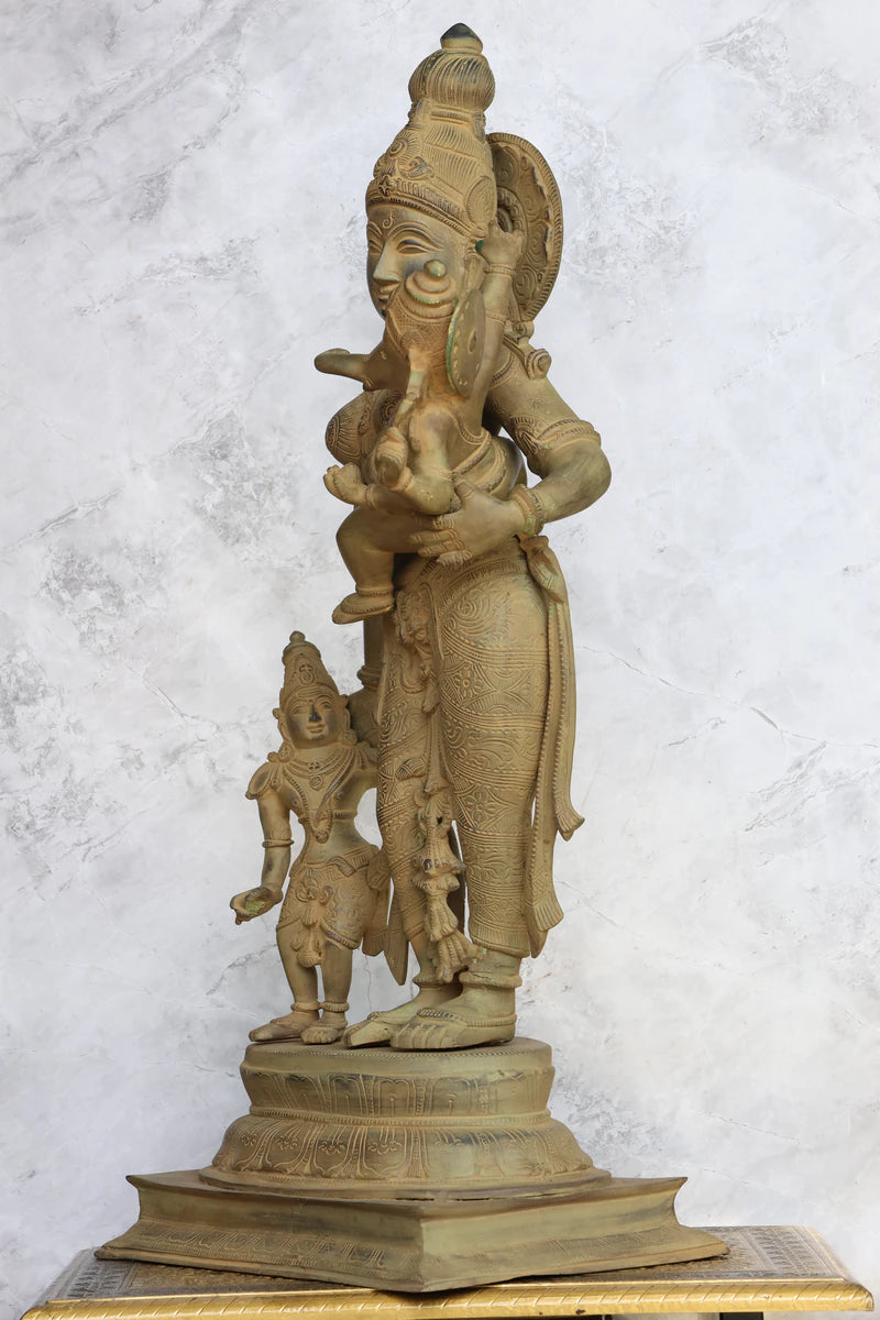 28.5″ Parvati With Murugan & Ganesh (Divine Mother) | Handcrafted Brass | Green Stone Finish — view 4