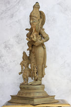 28.5″ Parvati With Murugan & Ganesh (Divine Mother) | Handcrafted Brass | Green Stone Finish — view 4