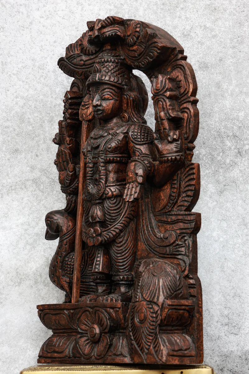 18″ Majestic Murugan with Arch for Pooja & Home Décor | Handcrafted Wood Carving