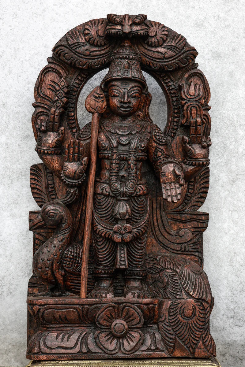 18″ Majestic Murugan with Arch for Pooja & Home Décor | Handcrafted Wood Carving