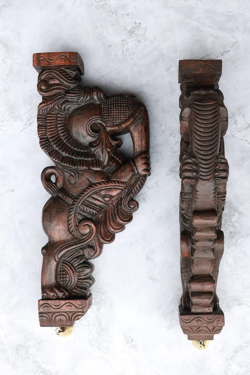 18″ Ornate Gajayazhi Wall Brackets for Home Décor | Handcrafted Wood Carving