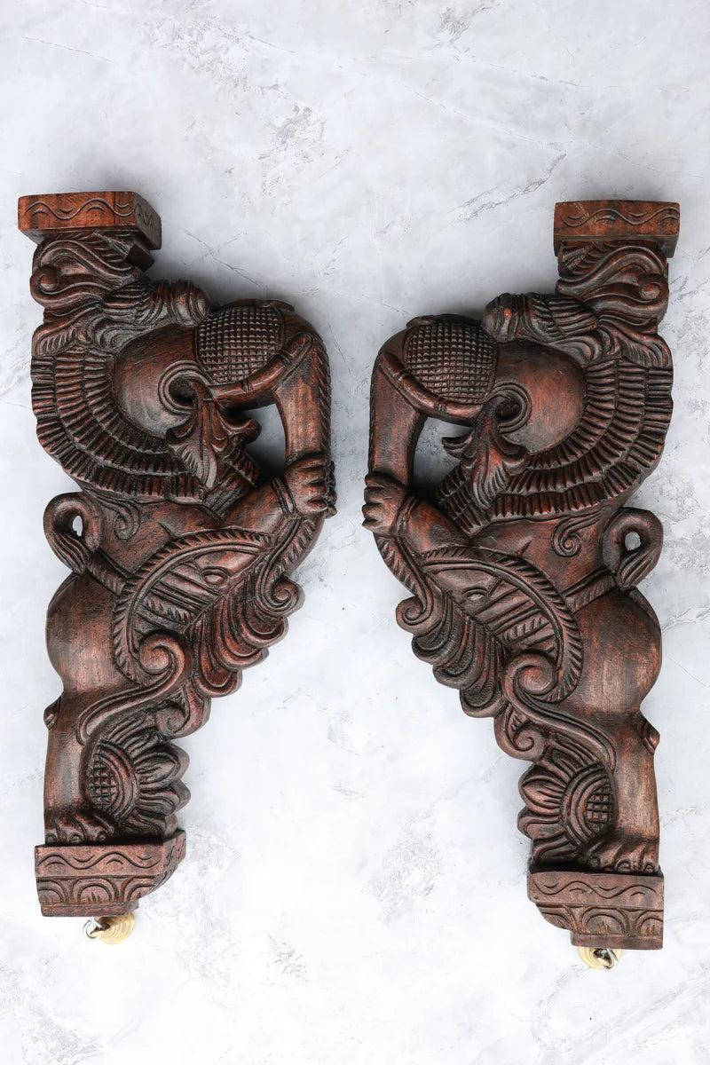 18″ Ornate Gajayazhi Wall Brackets for Home Décor | Handcrafted Wood Carving